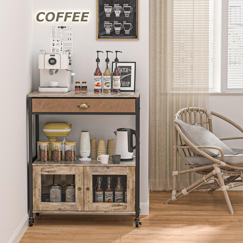 Large Coffee Bar Cabinet 3 Tiers Kitchen Coffee Cart With Drawer For The Home Movable Farmhouse Coffee Station Table On Wheels For Living Room